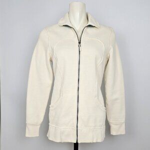 Lululemon Women's Cream Zip-Up Fleece Lined Scuba Jacket Pockets Retro Size 8